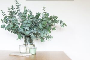 Minimalist image of eucalyptus branches in a glass vase with candles on a wooden table.