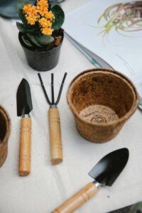 Gardening tools and pots on a table with a vibrant potted succulent and open book.