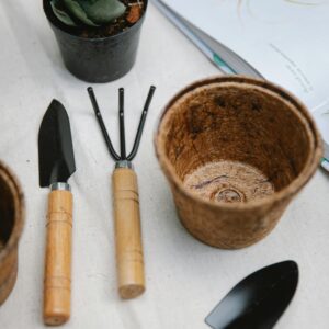 Gardening tools and pots on a table with a vibrant potted succulent and open book.